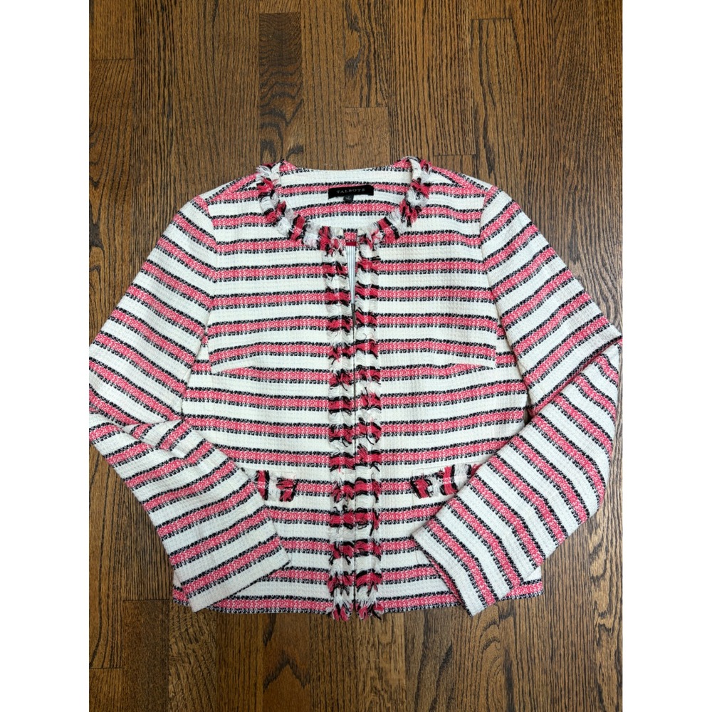 Talbots Tweed Jacket Womens 2 Pink Striped Fringe Trim Blazer Parisian Chic